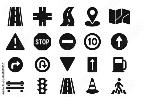 Road and Traffic Solid Icons Set, Silhouette Filled Safety and Navigation Symbols, Vector Cartoon Illustration, Transparent Background, Ordered Collection of Road Signs and Symbols