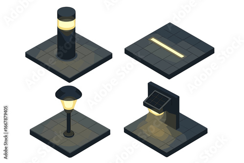 Isometric icon set of nighttime outdoor illumination. Garden path and sidewalk lights. Bollard lamp, embedded LED strip, street lantern and solar powered wall light vector pack.