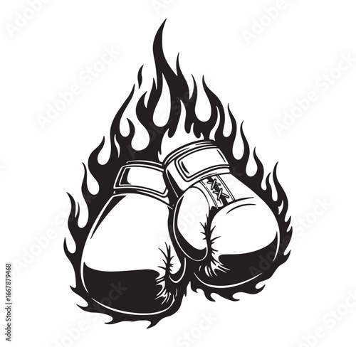 Fiery illustration of boxing gloves in flames showcasing power and intensity in black and white
