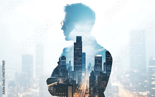 Business man city skyline double exposure leadership concept