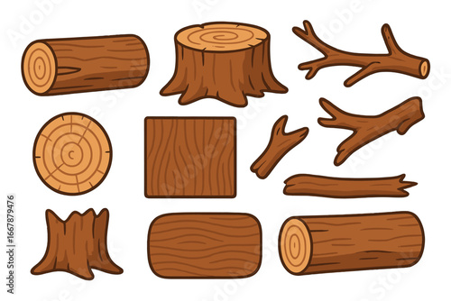 Variety of wood icons and designs for creative projects featuring logs, tree stumps, branches, wood textures, and natural elements in simple cartoon style vector illustration