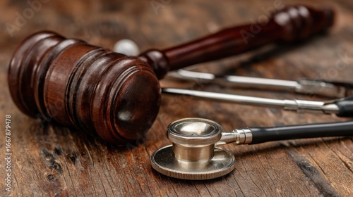 High-quality photo of malpractice law gavel rests next to a stethoscope on a wooden table, symbolizing medical legal issues in healthcare practices today.