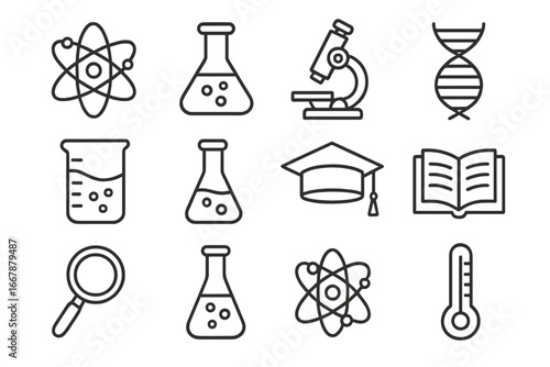 Scientific icons set line style with atom, microscope, DNA, flask, beaker, magnifying glass, graduation cap, book and thermometer for education and digital design