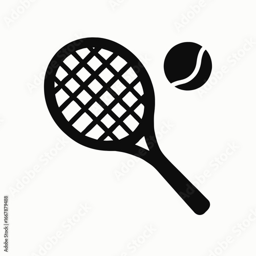Black Tennis Racket and Ball Icon on White Background