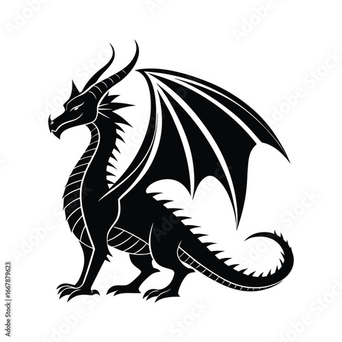 Majestic black silhouette of a fierce dragon with spiked wings and horns sitting proudly against a white background