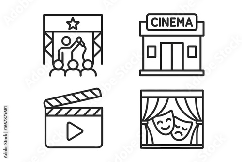 Set of line style web icons representing entertainment venues and activities including concert stage, cinema building, movie clapperboard, and theater masks for online use, vector cartoon illustration