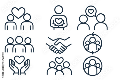 Set of line style web icons depicting relationships, support, community engagement, love, teamwork, cooperation, handshake, social connection, care, and unity vector illustration