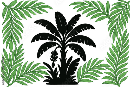 Tropical palm leaves frame with black banana tree silhouette, exotic rainforest greenery border, tropical foliage design, jungle plant decoration, natural botanical vector