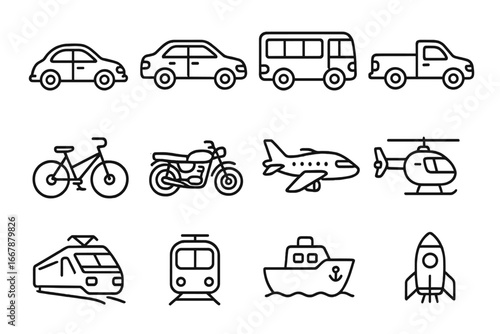 Various modes of transportation vector icons set including cars, bikes, planes, helicopters, trains, ships, and rockets for diverse travel and transport concepts in cartoon line style