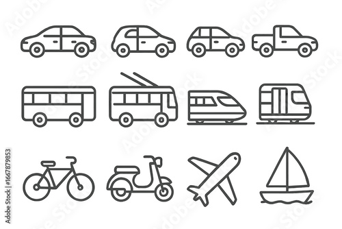 Diverse transportation modes vector icons including cars, bikes, scooters, buses, trains, airplanes, and boats in simple line cartoon style for travel and transport concepts