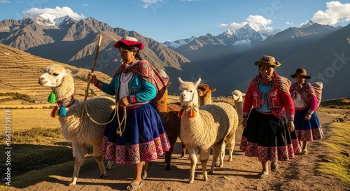 Peruvian women with Alpacas in the Andes Mountains, Peru