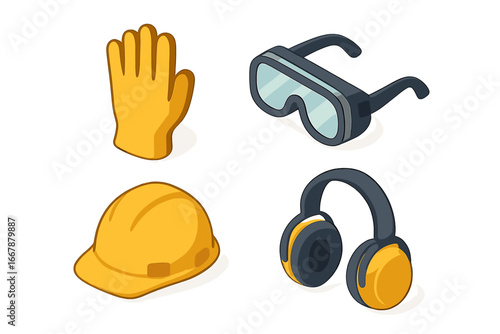 PPE icon set. Isometric vector illustration of personal protective equipment. Safety gear for work, construction, industry. Includes hard hat, goggles, gloves, ear muffs.