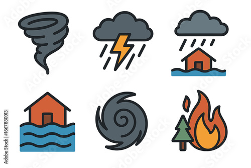 Various natural disaster icons depicting tornadoes, thunderstorms, floods, hurricanes, and wildfires in minimalist flat vector cartoon style with transparent background ordered set