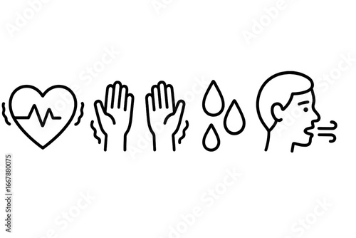 Vector icon set of panic attack and anxiety symptoms. Outline illustration of tachycardia, trembling hands, sweating, shortness of breath. Mental health, stress, and phobia concept.