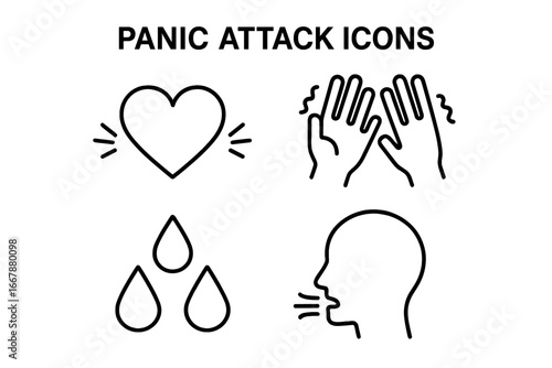 Panic attack symptoms outline icon set. Vector illustration of anxiety indicators: pounding heart, trembling hands, sweating, rapid breathing. Mental health, stress, fear concept.