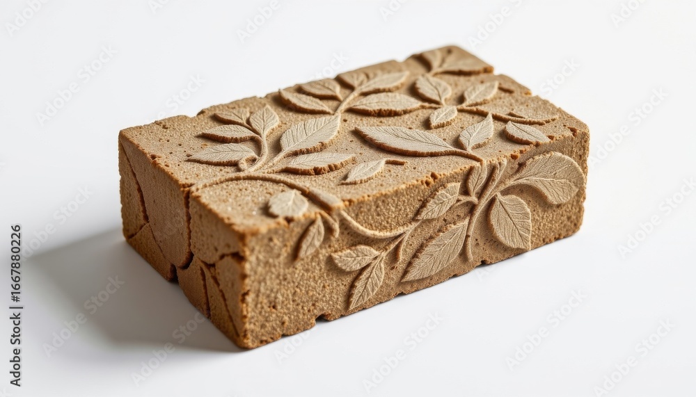 an innovative biodegradable brick composed of seaweed cellulose composite, detailed with botanical embossed motif, modeled as triangular lattice block, enhanced by replaceable modular faces an innovative biodegradable brick composed of seaweed cellulose composite, detailed with botanical embossed motif, modeled as triangular lattice block, enhanced by replaceable modular faces