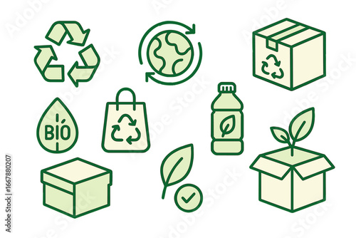 Eco-friendly line icons vector illustration showcasing recycling, sustainable packaging, bio products, green earth, eco bag, biodegradable bottle, and nature growth concepts