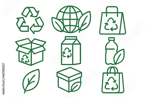 Vector illustration of eco-friendly line icons showcasing recycling, sustainable packaging concepts, green living, environmental protection, and reusable products with transparent background