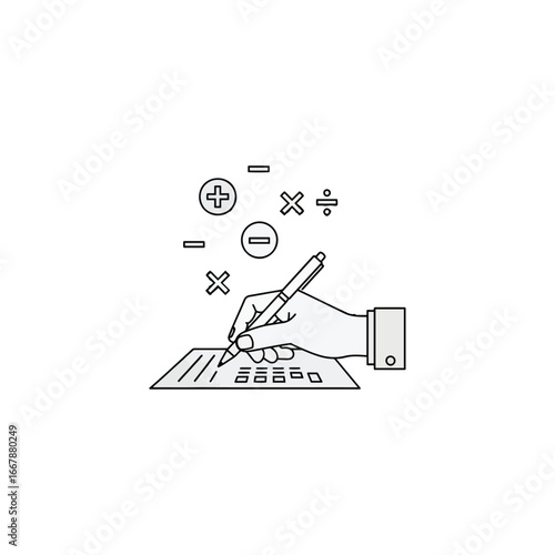 A hand writing on paper with a pen, surrounded by mathematical symbols, representing calculations.