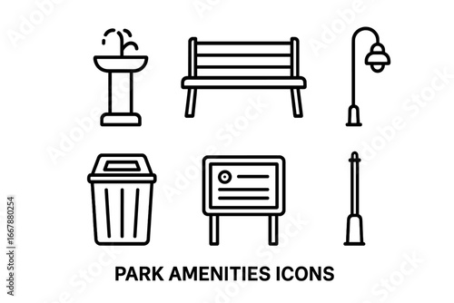 Park amenities line icon set. Public space and city outdoor furniture collection. Vector graphic elements as bench, water fountain, trash bin, street light and info board.