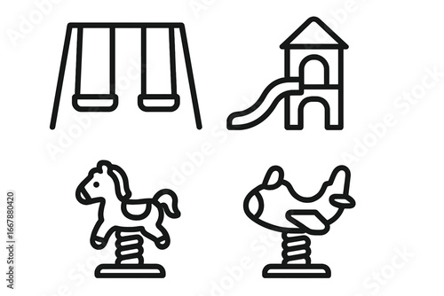 Playground equipment icons set including swings, slides, spring riders, and children’s outdoor play structures, cartoon style vector illustration for kids' recreational area design