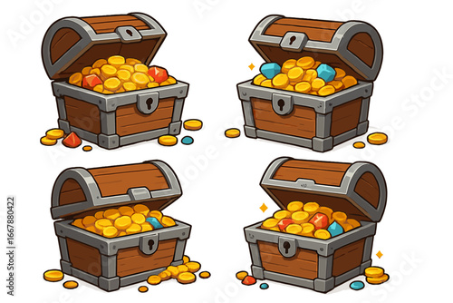 Vector Cartoon Treasure Chests Filled with Gold Coins and Colorful Gemstones, Digital Illustration Depicting Wealth, Adventure, and Fantasy Riches, Isolated on Transparent Background