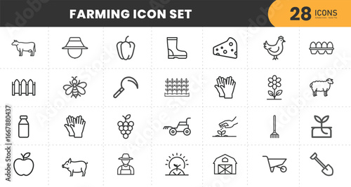  Farming icon set with agriculture, farmer, tractor, crops, livestock, barn, tools, organic food, gardening, harvest, dairy, poultry, planting, fruit, vegetables, field, nature, eco,  equipment symbol