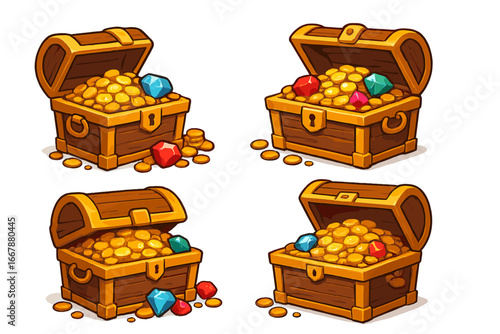 Treasure chests overflowing with gold coins and colorful gemstones, digital cartoon vector illustration symbolizing wealth, adventure, fortune, and hidden riches