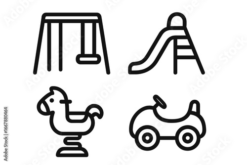 Playground Equipment Icons Vector Set Featuring Swings, Slides, Spring Riders, and Ride-On Toys for Kids, Black Line Cartoon Style Illustrations for Child Play Areas and Recreation