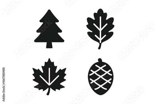 Tree species icons solid filled vector set for nature and forestry, including pine tree silhouette, oak leaf, maple leaf, birch bark texture, fir cone illustration, cartoon style