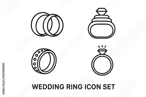 Wedding Ring Icon Set, Outline Collection of His and Hers Bands, Matching Stackable Rings, Eternity Wedding Bands, Simple and Elegant Vector Illustration