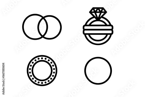 Wedding ring icon set, outline collection of his and hers bands, matching stackable rings, eternity and simple wedding bands, love and marriage symbol vector illustration