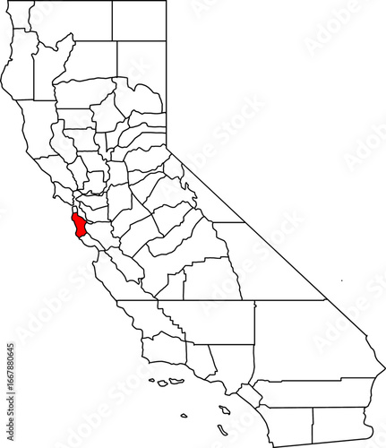 Map of California highlighting San Mateo County. Ideal for projects on the Silicon Valley, its Pacific coastline, and its proximity to San Francisco
