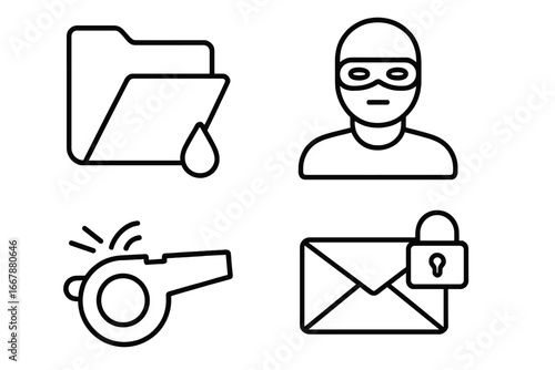 Whistleblower icon set with outline style including leaking folder, masked figure, alert whistle, and locked email envelope, vector illustration for security and privacy concepts