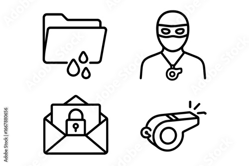 Whistleblower icon set, outline style with leaking folder, masked figure, secure encrypted email envelope with lock, whistleblower alert symbol, transparent vector illustration