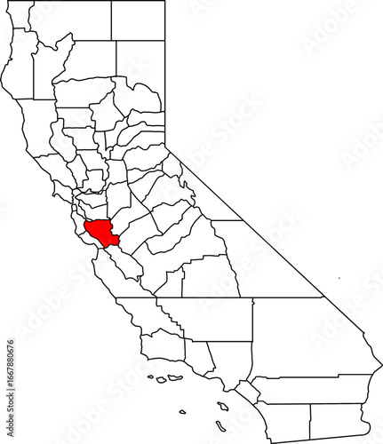 Map of California highlighting Santa Clara County. Ideal for projects on the heart of Silicon Valley, major tech hubs, and the vibrant city of San Jose