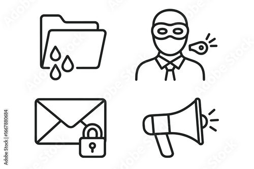 Whistleblower icon set, leaking folder with drops, masked whistleblower figure, secure email envelope with lock, megaphone announcement, outline vector illustration on transparent background