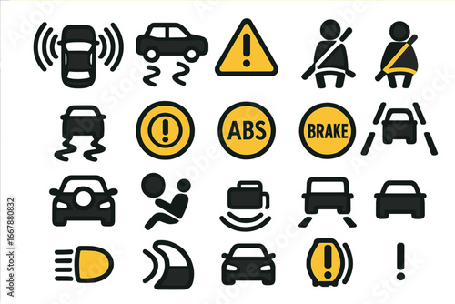 Various Car Safety and Warning Symbols Vector Set on White Background for Driver Assistance, Vehicle Safety Alerts, Traffic Warnings, and Auto Dashboard Indicators, Cartoon Style