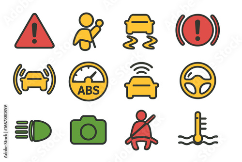 Various Car Safety and Warning Symbols Vector Set for Driver Assistance and Vehicle Safety Guidance, Cartoon Style Icons for Automotive Dashboard Alerts and Warnings