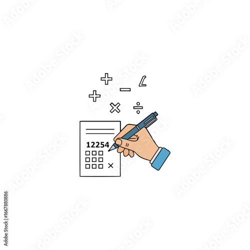 Hand with pen writing on a calculator, surrounded by mathematical symbols, representing calculation and problem-solving.