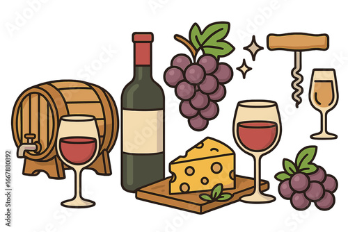 Wine and cheese gathering with wine barrel, bottle, glasses, grapes, corkscrew, and cheese in minimalist vector cartoon style with transparent background