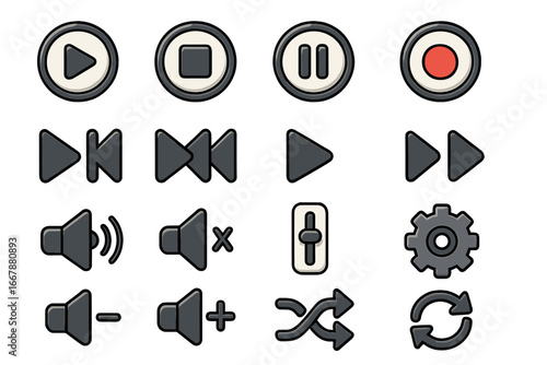 Variety of multimedia control icons for user interface design, digital applications, and media players. Vector cartoon illustration with transparent background. Ordered set of 16 icons.