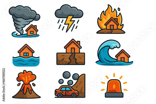Various Natural Disaster Icons Depicting Severe Weather Conditions and Emergency Situations for Education and Awareness, Vector Cartoon Illustration with Transparent Background
