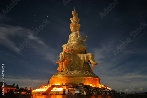 The statue of Ten Directions Samantabhadra Bodhisattva on the Golden Summit of Mount Emei in Sichuan Province, China. It is currently the largest and tallest statue of Ten Directions Samantabhadra Bod