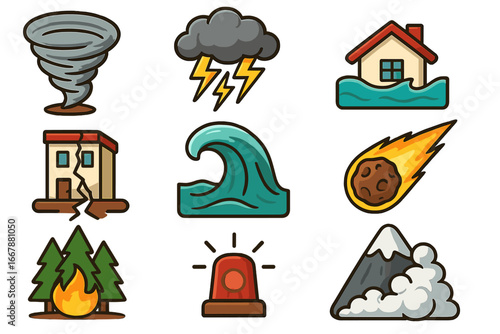 Various Natural Disaster Icons Depicting Severe Weather Conditions and Emergency Situations for Educational and Safety Awareness Use. Vector Cartoon Illustration with Transparent Background