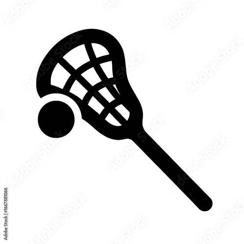 Lacrosse Stick with Ball in Black and White Simplified Icon Style
