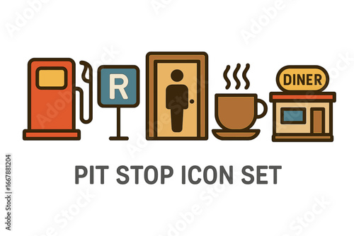 Pit stop and rest area icon set. Flat vector symbols for road trips. Fuel pump, gas station, bathroom, coffee cup, and roadside diner. Travel and transport concepts.