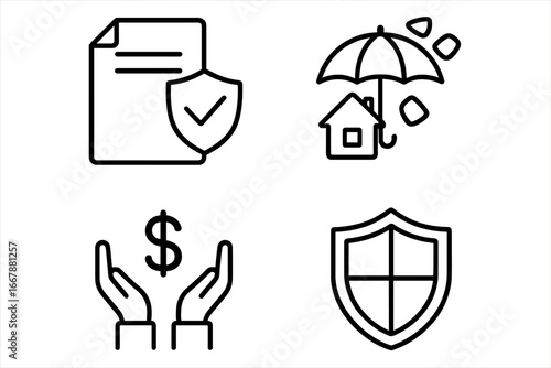 Vector Icons Representing Insurance Concepts Including Policy, Risk, Protection, Financial Security, Home Coverage, and Safety Symbols, Editable Cartoon Style Illustration