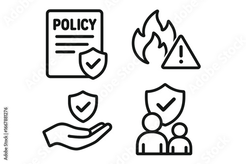 Vector icons representing insurance concepts including policy document, risk hazard, protection shield, and family safety symbols, designed for easy editing and versatile use