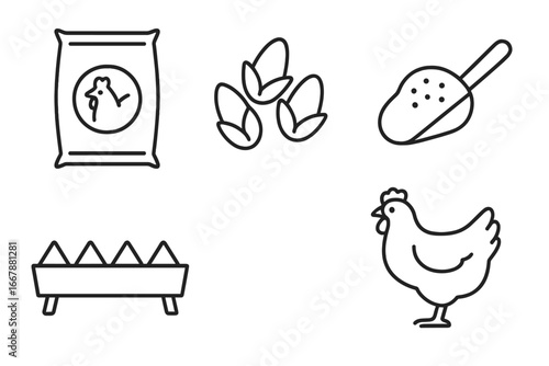 Poultry feeding line icon set. Farm agriculture concept. Vector linear illustration of chicken, feed sack, corn kernels, scoop, trough feeder. Livestock equipment and bird food symbols.